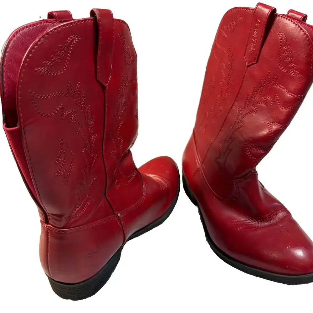 Dream Pairs Kids Red Cowboy Boots -Western Embroidered Mid-Calf US2Y/EU33.5/ UK1
